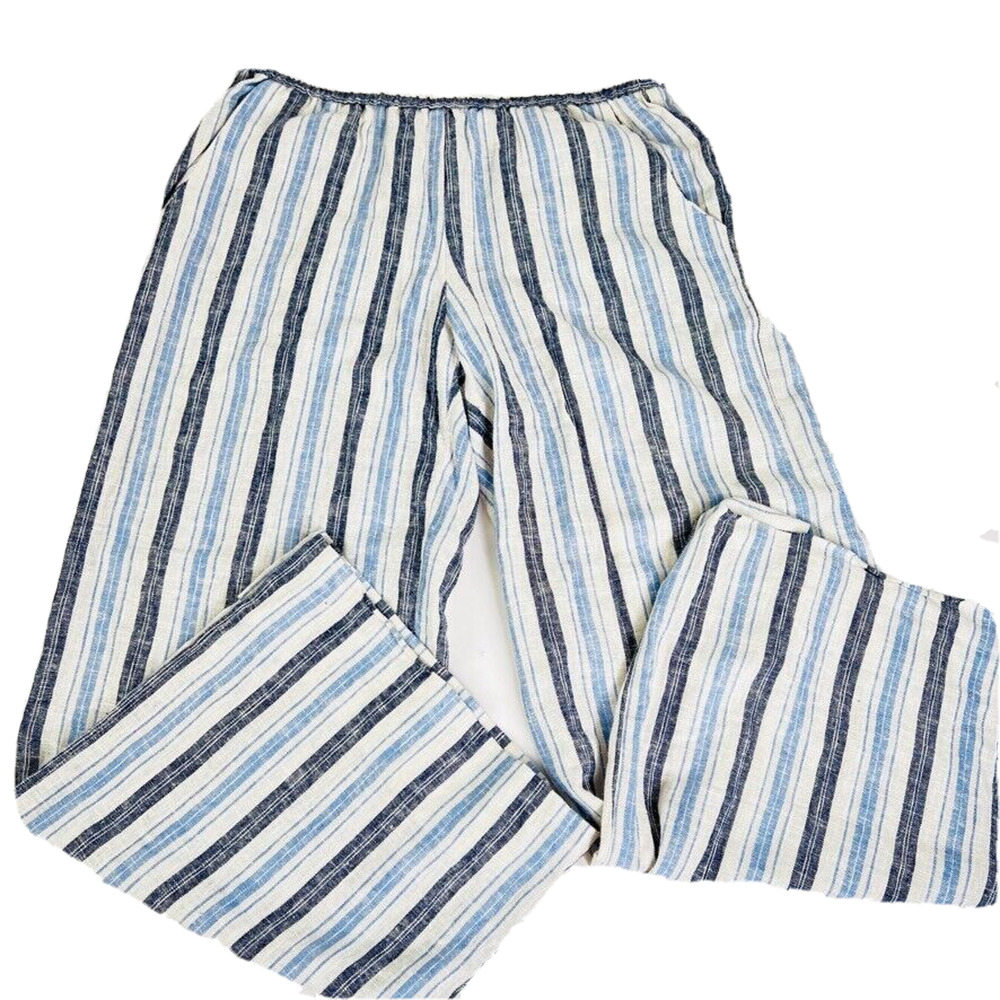 Drew Linen Verticle Striped Pants Wide Leg Slit Beach Anthropologie Blue Black M